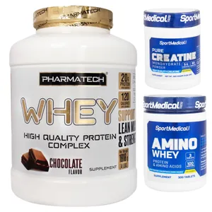 پروتئین وی فارماتک - 1818 گرم به همراه کراتین مونوهیدرات اسپرت مدیکال - 300 گرم به همراه آمینو وی اسپرت مدیکال بسته 300 عددی