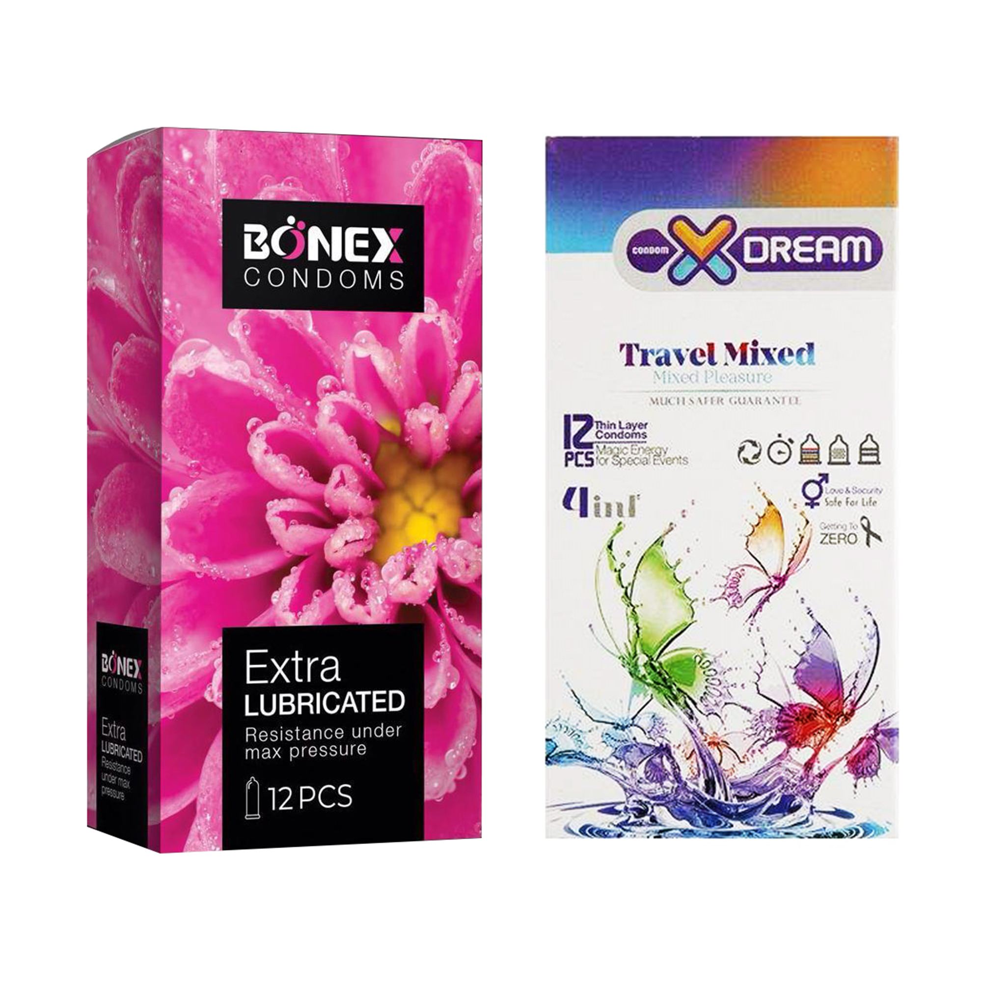 کاندوم بونکس مدل Extra Lubricated بسته 12 عددی به همراه کاندوم ایکس دریم مدل Travel Mixed بسته 12 عددی
