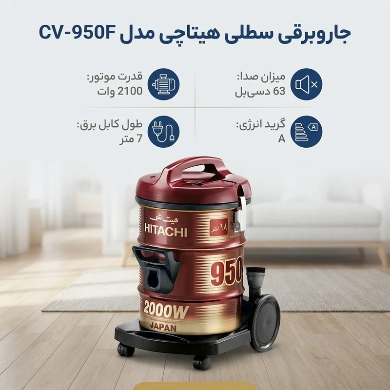 عکس شماره 2 : جاروبرقی سطلی هیتاچی مدل cv-950f.