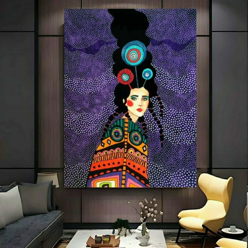 پوستر پارچه ای طرح مخمل نقاشی مدل بانوی رنگارنگ کد BK24821