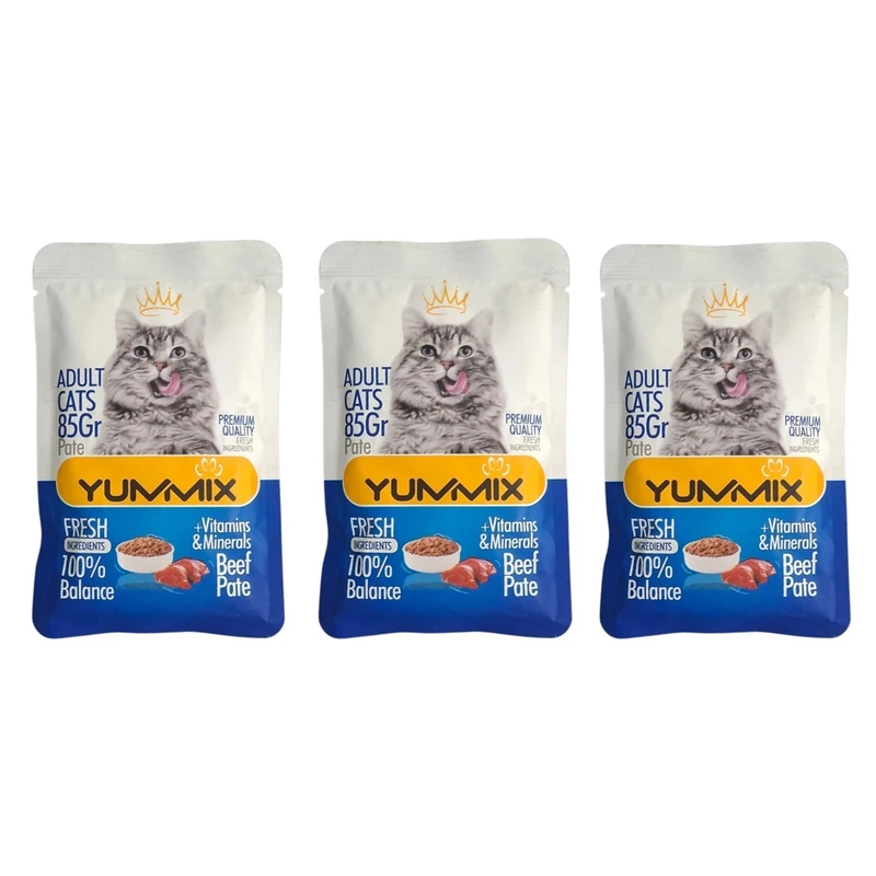 پوچ گربه بالغ یامیکس مدل beef با طعم گوشت قرمز وزن 255 گرم بسته 3 عددی