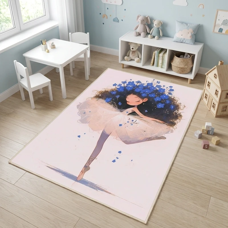 فرش ماشینی 1000 شانه زمینه صورتی حاشیه صورتی مدل اورکوم طرح اتاق کودک کد kids.9015.01