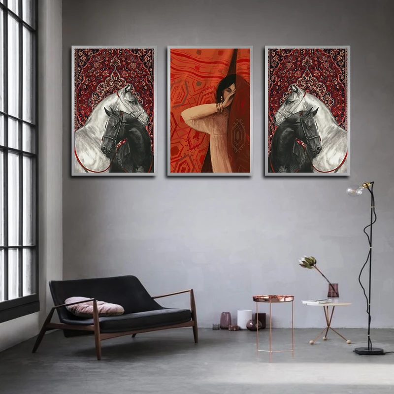 تابلو بکلیت طرح نقاشی چهره و اسب مدل SI-3344 فریم نقره ای مجموعه 3 عددی