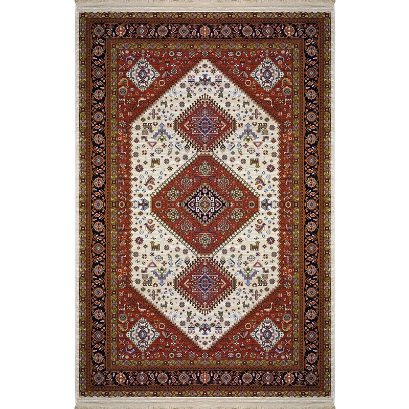 فرش ماشینی 500 شانه رادین زمینه کرم حاشیه اناری مدل عشایر کد 2