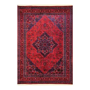 فرش ماشینی 1200 شانه زمینه قرمز لاکی حاشیه سرمه‌ای مدل آوانگارد طرح هریس درباری