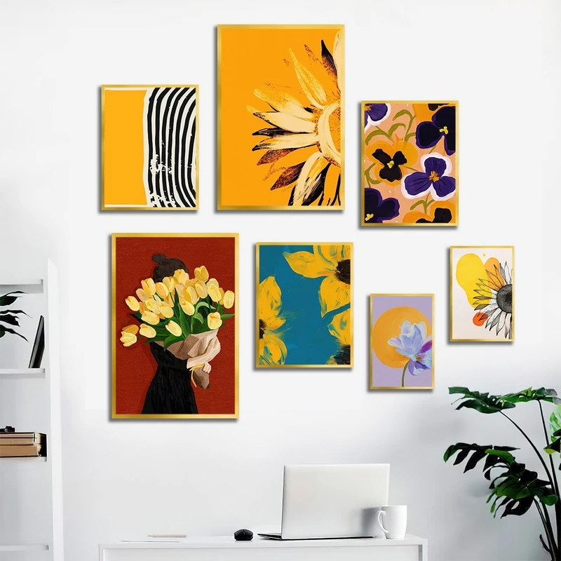 تابلو ساده بکلیت طرح نقاشی مینیمال و گل مدل شاین اکلیلی T-2721 فریم طلایی مجموعه 7 عددی