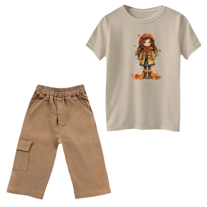 ست تی‌شرت و شلوارک دخترانه مدل دخترک پاییزی رنگ کرم