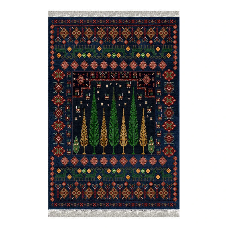 فرش ماشینی 1000 شانه هانوکس زمینه سرمه‌ای حاشیه چند رنگ مدل درخت کد L290