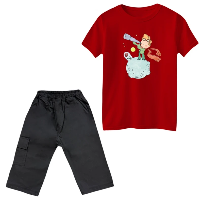 ست تی‌شرت و شلوارک پسرانه مدل شازده کوچولو و تلسکوپ رنگ قرمز