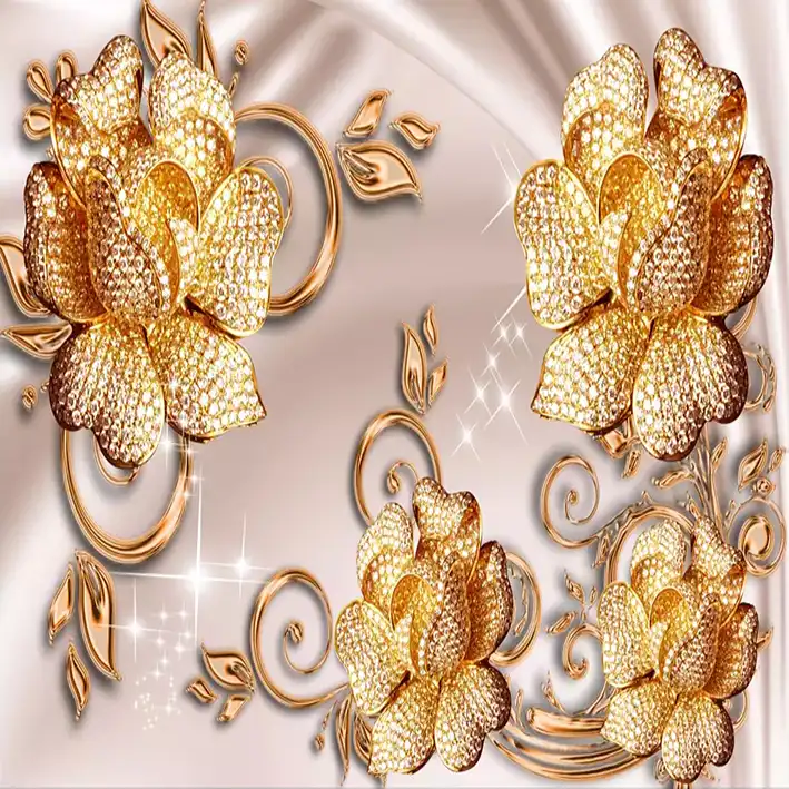 پوستر دیواری سه بعدی مدل گل برجسته نگینی طلایی DVRF1246