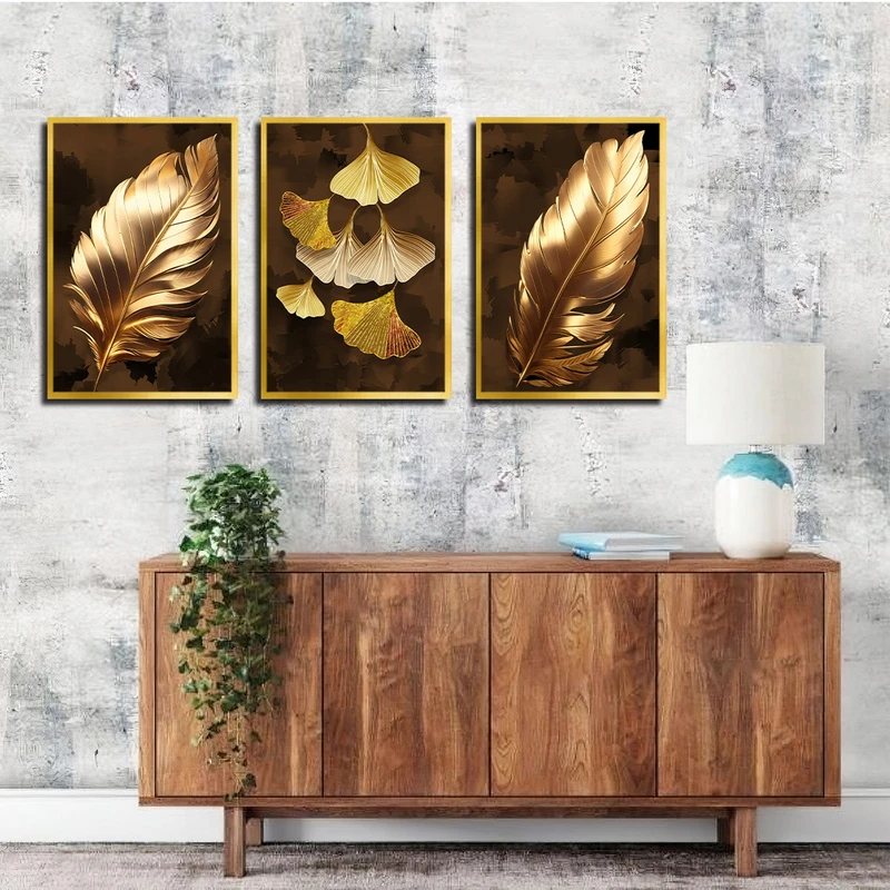 تابلو بکلیت طرح پر و برگ طلایی مدل T-3153 مجموعه 3 عددی