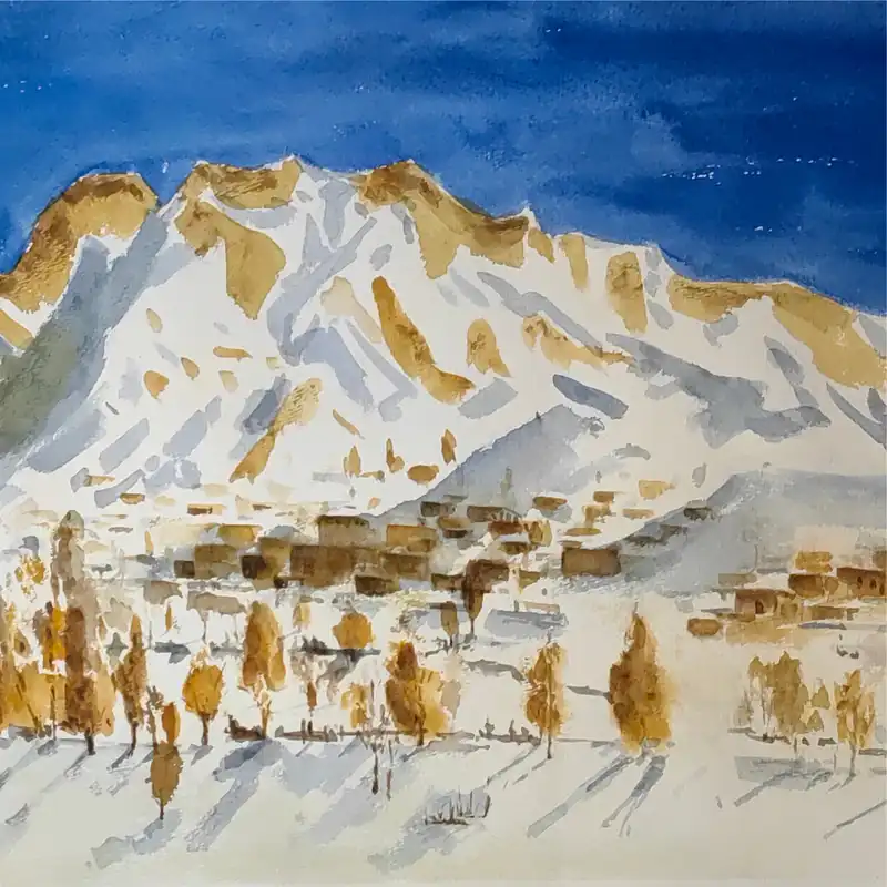 نقاشی آبرنگ طرح طبیعت برفی کوهستان کد 1021