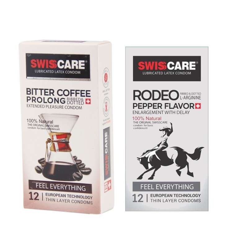 کاندوم سوئیس کر مدل Coffee Prolong بسته 12 عددی به همراه کاندوم سوئیس کر مدل RODEO بسته 12 عددی