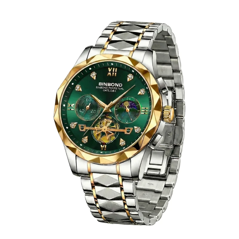 ساعت مچی عقربه‌ای کوارتز مردانه بین باند مدل اسپرت لوکس سه موتور فعال بند طرح تراش الماسی قفل مخفی کد JBN004