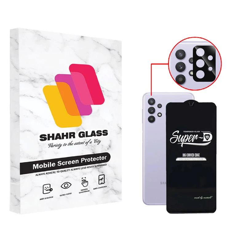 محافظ لنز دوربین شهر گلس مدل 2SFA مناسب برای گوشی موبایل سامسونگ Galaxy A32 4G به همراه محافظ صفحه نمایش