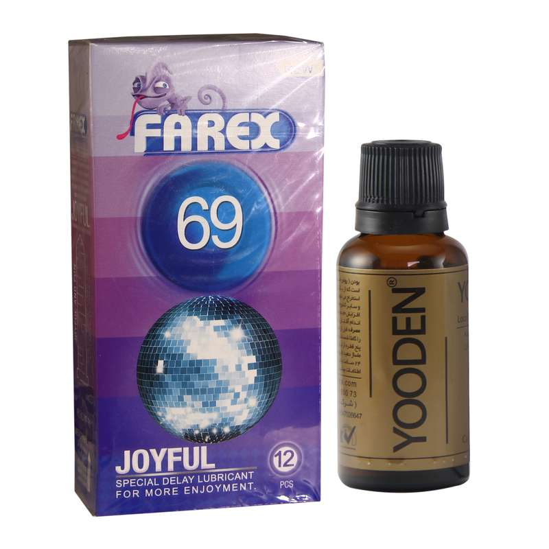 کاندوم فارکس مدل Joyful 69 بسته 12 عددی به همراه روغن یودن کد 01 حجم 30 میلی لیتر