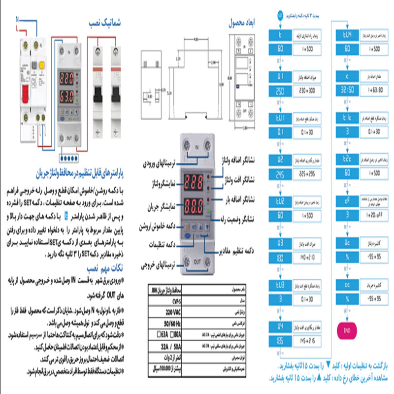محافظ ولتاژ و جریان  تکفاز دیجیتال 63 آمپر جی بی اچ کد JBH/CVP-S/1PH/63A