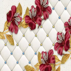 پوستر دیواری سه بعدی مدل گل برجسته قرمز نگینی برگ طلایی زمینه لمسه DVRF1287