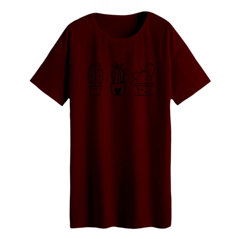 تی شرت لانگ زنانه مدل کاکتوس خطی 1 رنگ زرشکی