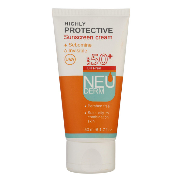 کرم ضد آفتاب بی رنگ نئودرم مدل Highly Protective SPF50 مناسب پوست های چرب تا مختلط حجم 50 میلی لیتر