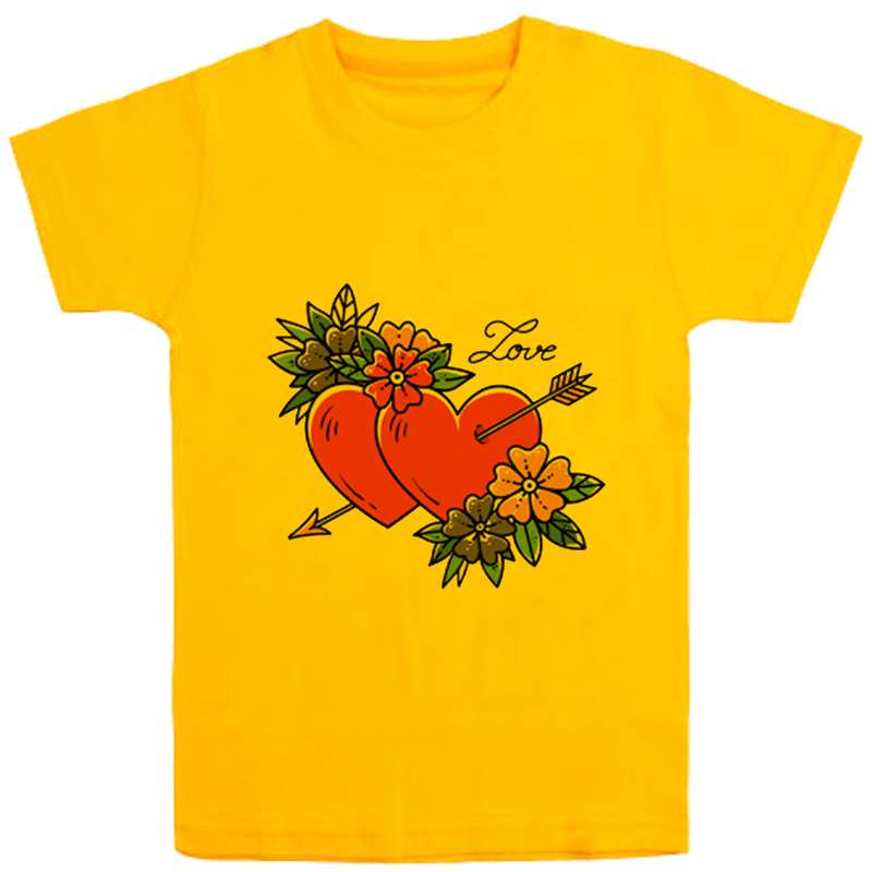تی شرت آستین کوتاه دخترانه مدل قلب وگل D54 رنگ زرد