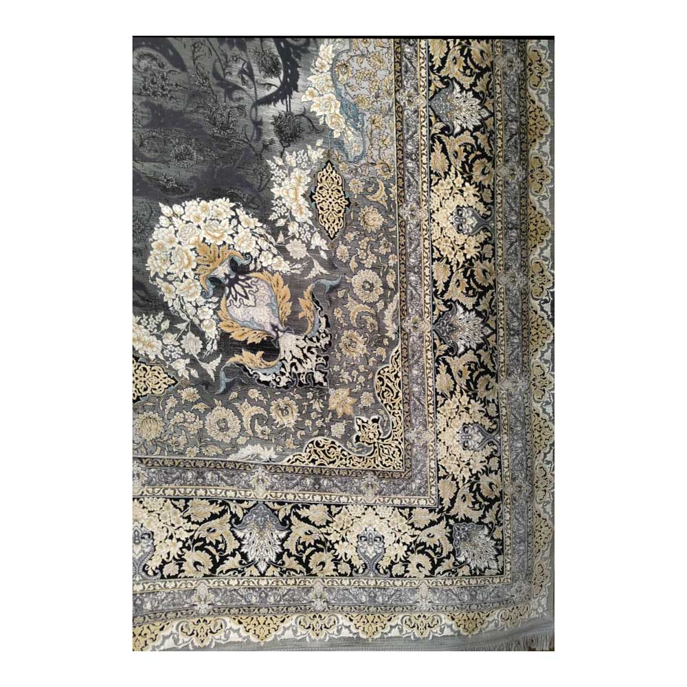فرش ماشینی 1200 شانه زمینه خاکستری حاشیه طلایی مدل 121114 آسایش