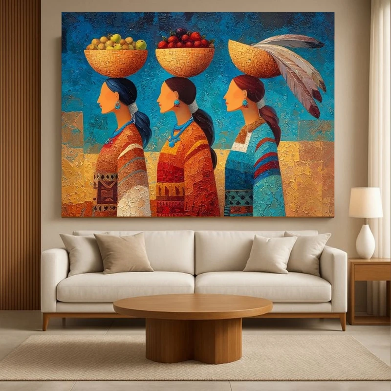 پوستر پارچه ای طرح مخمل  سنتی مدل سه زن روستایی کد BK57846