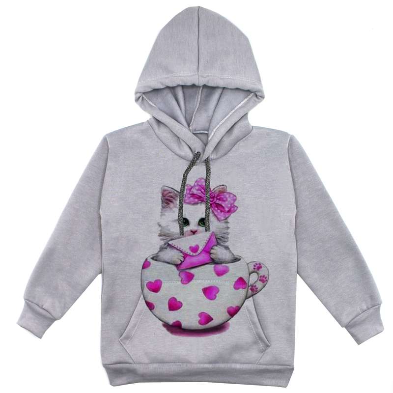 هودی دخترانه مدل گربه و فنجون F80 رنگ طوسی