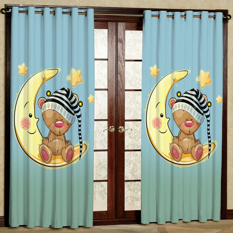 پرده مدل اتاق کودک مخمل پانچی طرح خرس و ماه کد 4759T2 سایز 200x140 سانتی متر