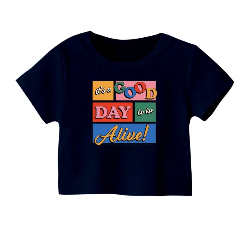 کراپ‌ تی‌شرت آستین کوتاه زنانه مدل نوشته رنگی رنگ سرمه ای