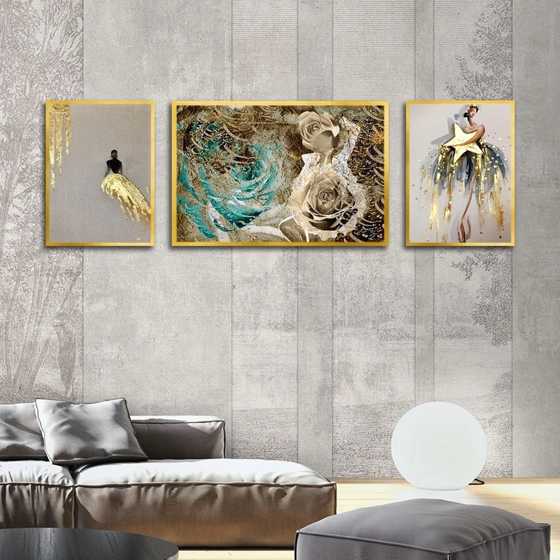 تابلو ساده بکلیت طرح نقاشی مد و گل رز مدل شاین اکلیلی T-2607 فریم طلایی مجموعه 3 عددی