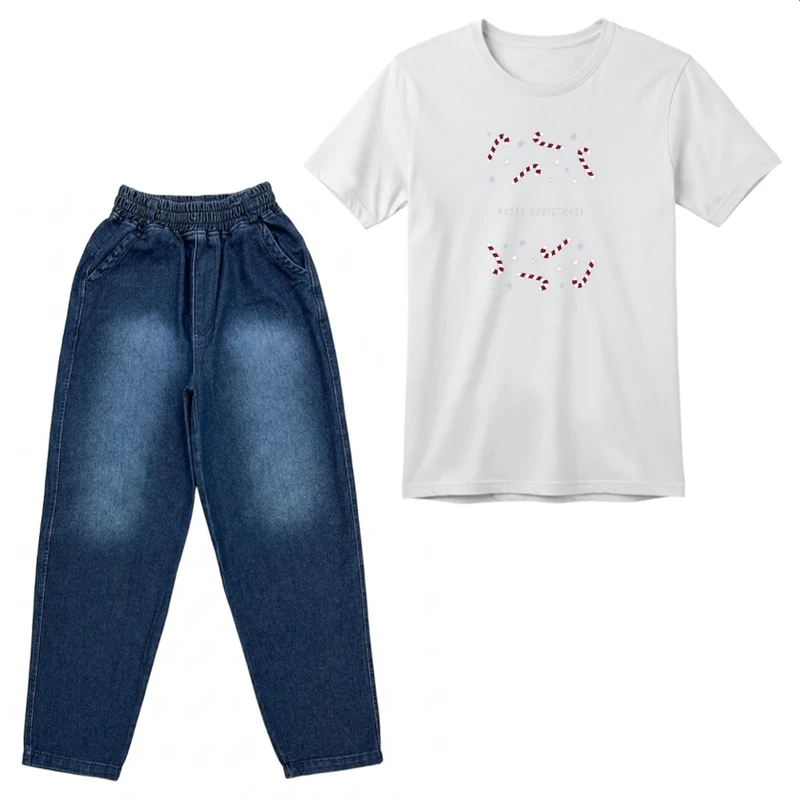 ست تی‌شرت آستین کوتاه و شلوار دخترانه مدل کریسمسی کد p1 