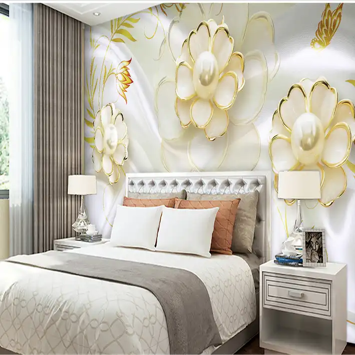 پوستر دیواری سه بعدی مدل گل سفید مرواریدی لبه طلایی DRVF1169