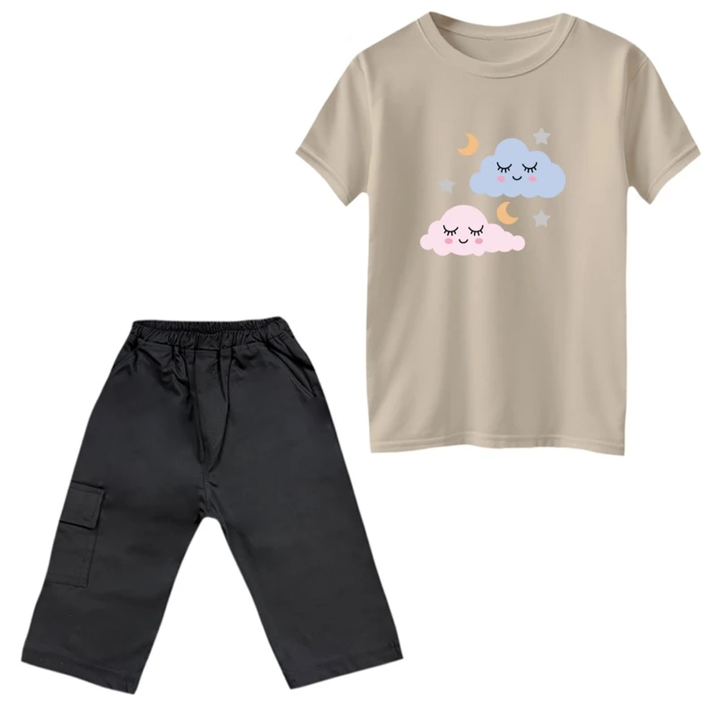 ست تی‌شرت و شلوارک دخترانه مدل ابر و ستاره