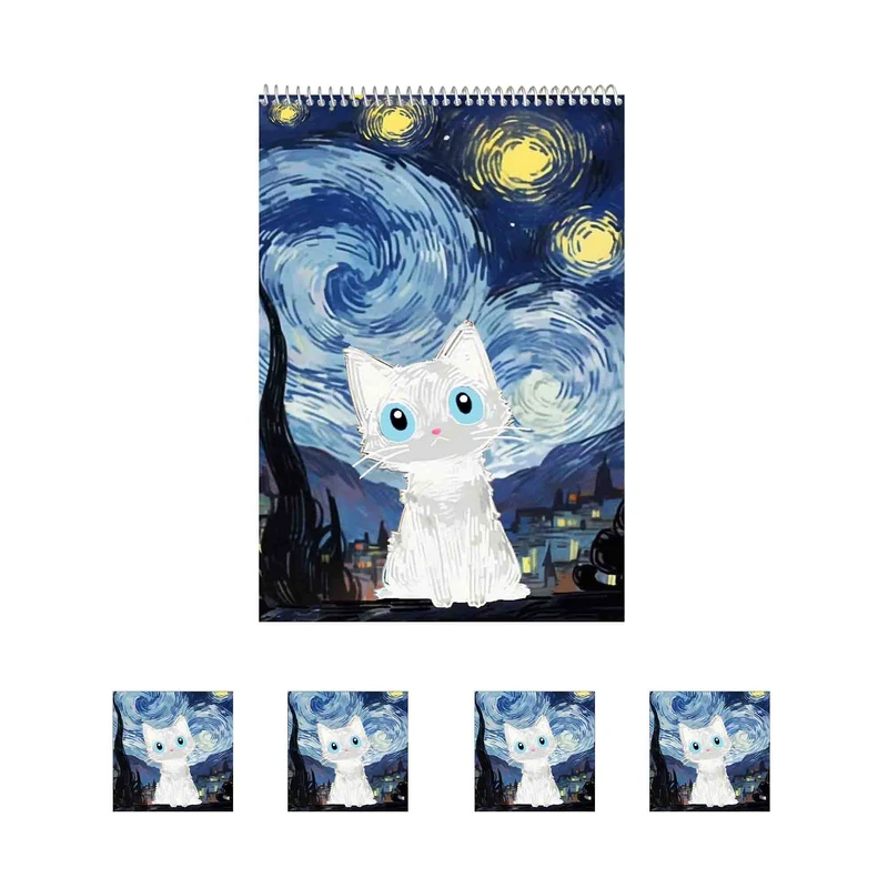 دفتر نقاشی 50 برگ مدل گربه در شب پرستاره کد A1 به همراه برچسب مجموعه 5 عددی