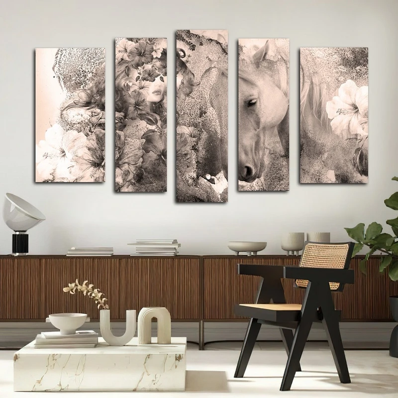 تابلو شاسی بکلیت طرح نقاشی چهره و اسب مدل SH-2562 مجموعه 5 عددی