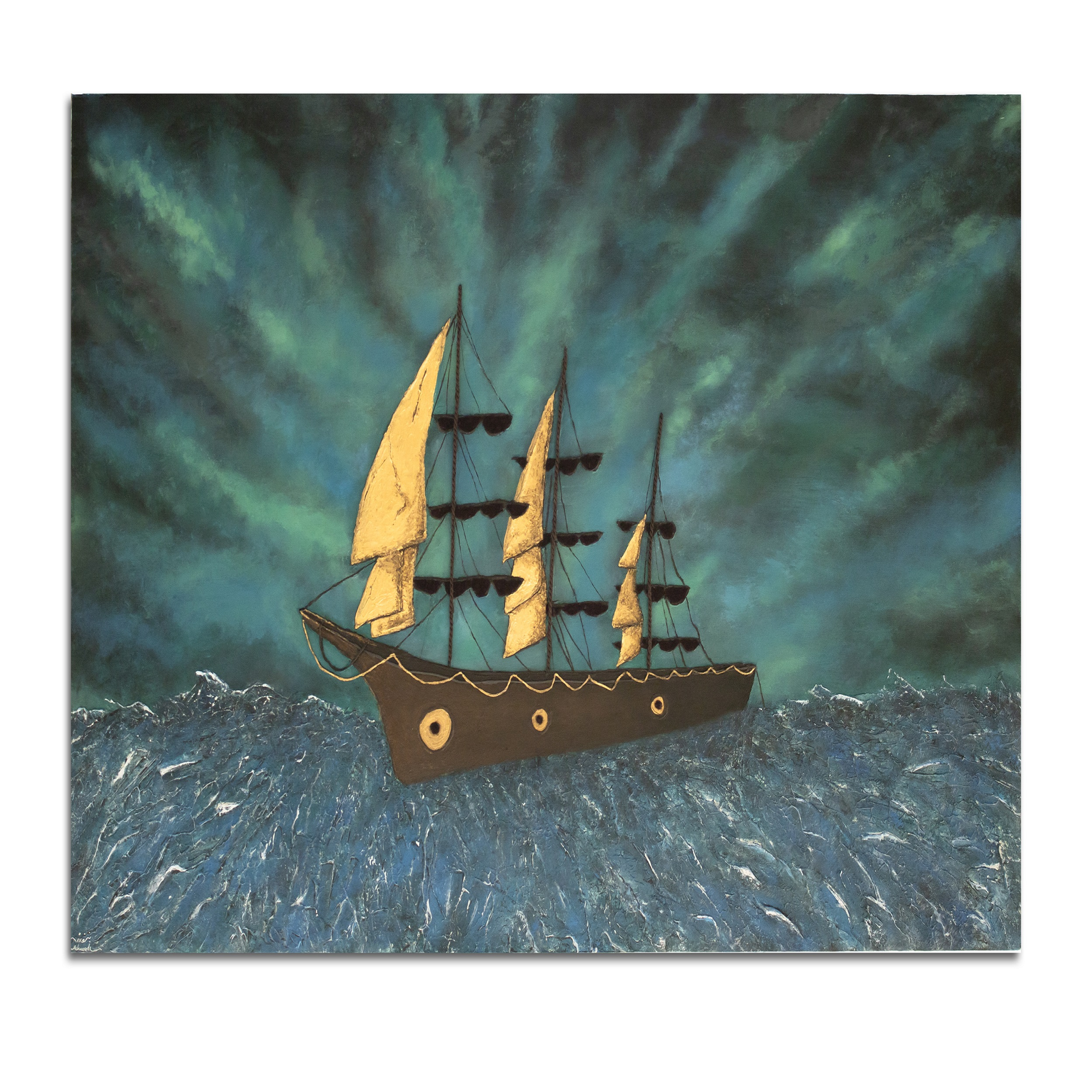 تابلو نقاشی مدل کشتی بادبانی در دریای طوفانی