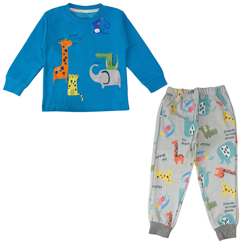 ست تی شرت و شلوار پسرانه مدل حیوانات کد 3516 رنگ آبی