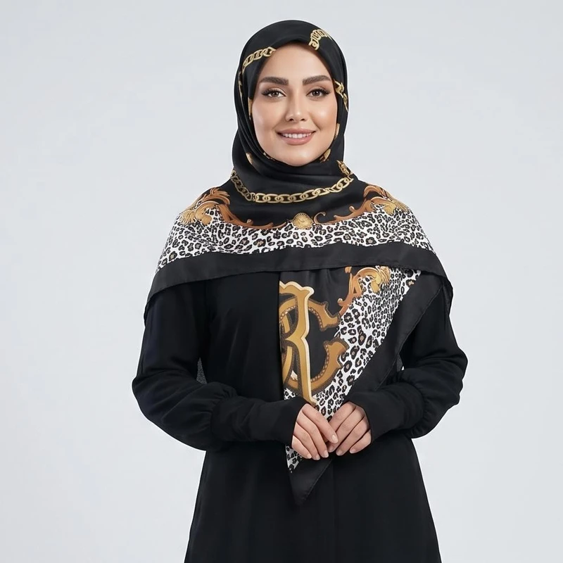 روسری زنانه مدل ابریشم دور حاشیه پلنگی دست دوز کد a-6045