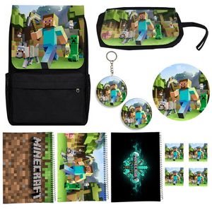 کوله پشتی مدل ماینکرفت کد Minecraft A1 به همراه دفتر مشق و جامدادی و زیر لیوانی و جاکلیدی مجموعه 12 عددی