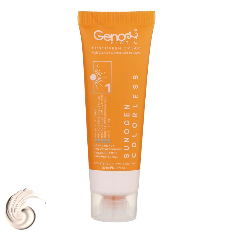 کرم ضدآفتاب بی‌رنگ ژنوبایوتیک SPF50 مدل 01، مناسب پوست‌های مختلط و چرب، حجم 50 میلی‌لیتر