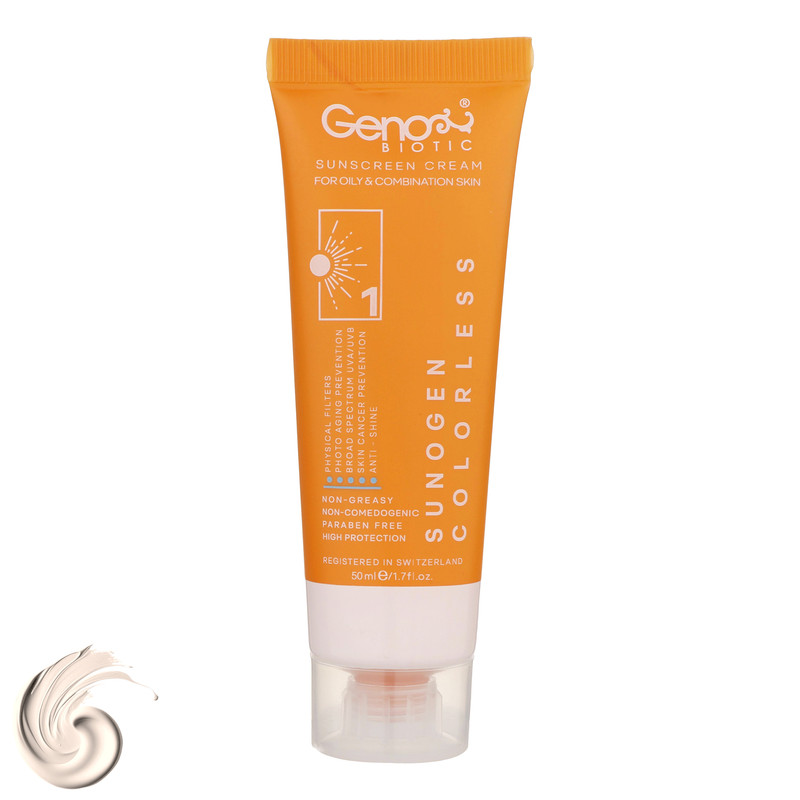 کرم ضدآفتاب بی‌رنگ ژنوبایوتیک SPF50 مدل 01، مناسب پوست‌های مختلط و چرب، حجم 50 میلی‌لیتر