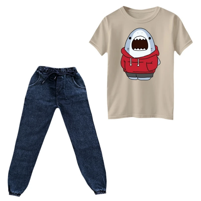 ست تی‌شرت و شلوار دخترانه مدل کوسه خوشتیپ