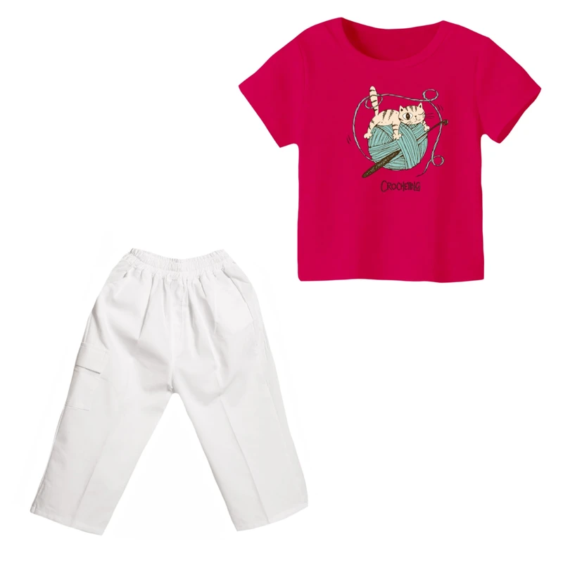 ست تی شرت و شلوارک دخترانه مدل گربه کد 1