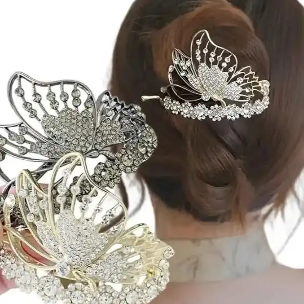 گیره مو زنانه مدل لوکس مجلسی طرح پروانه نگین دار کد brg 1886