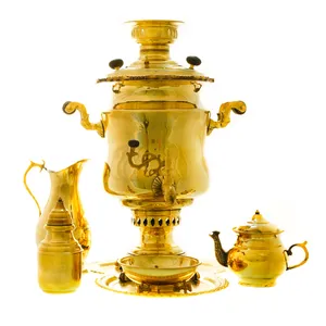 سرویس سماور ذغالی 6 پارچه برنجی مدل سوزنی ساده کد 4165