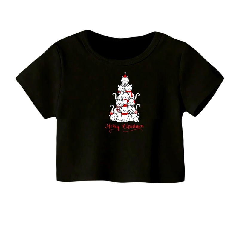 کراپ‌ تی‌شرت آستین کوتاه زنانه مدل گربه کریسمس کد 2
