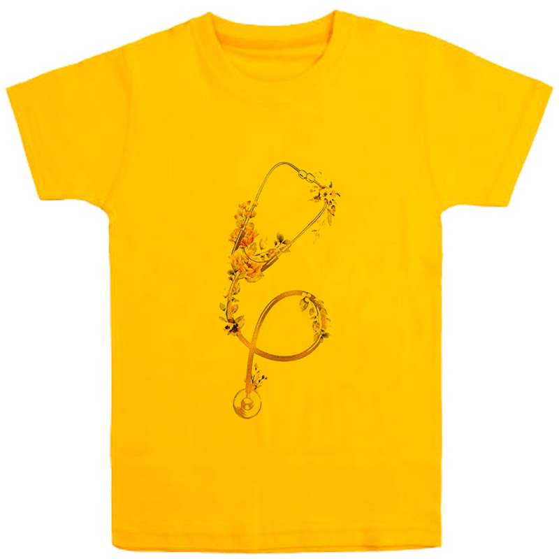 تی شرت آستین کوتاه دخترانه مدل گوشی پزشکی D41 رنگ زرد