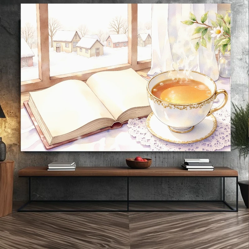 پوستر پارچه ای طرح مخمل یک روز برفی مدل فنجان قهوه کد BK24835