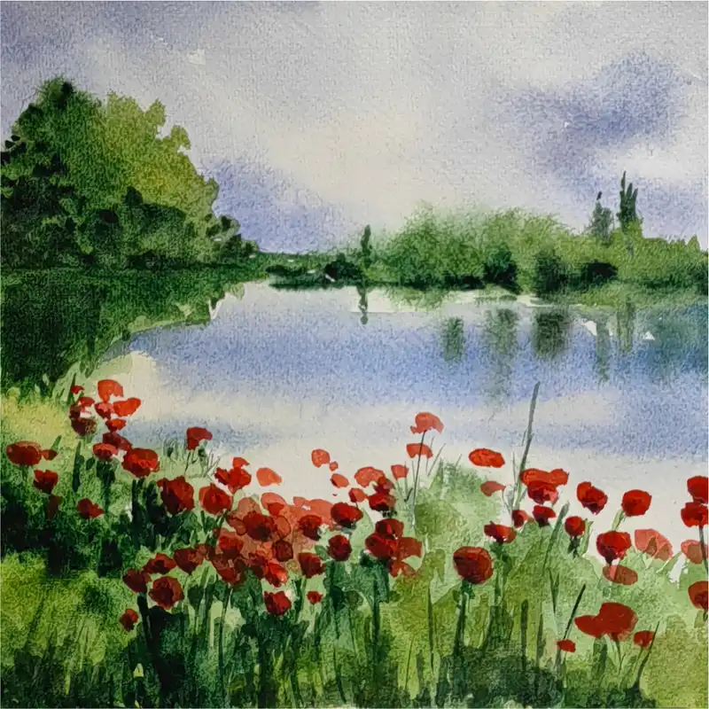 نقاشی آبرنگ طرح دشت شقایق کد 1008